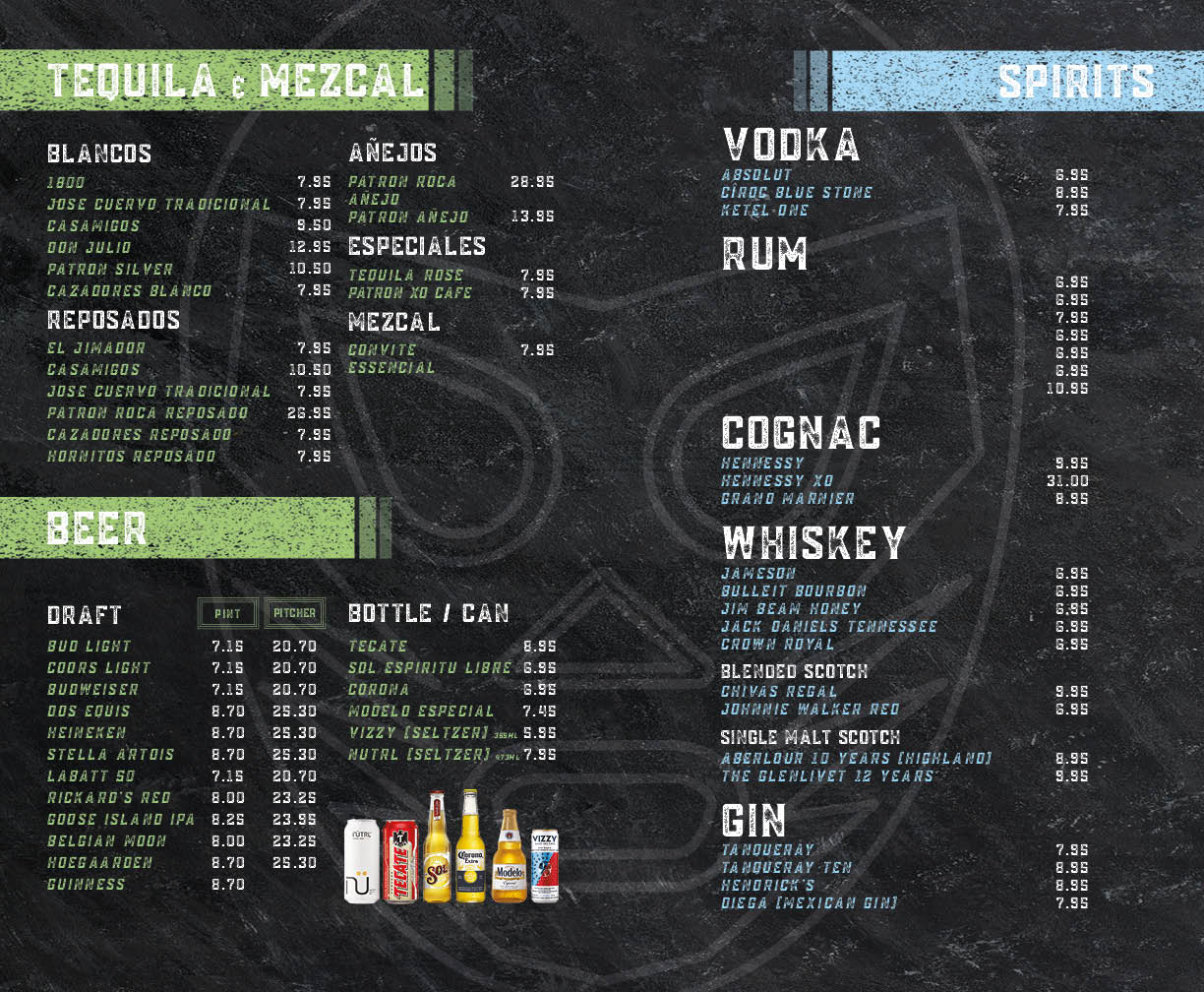 Tequilas, beer and spirits menu