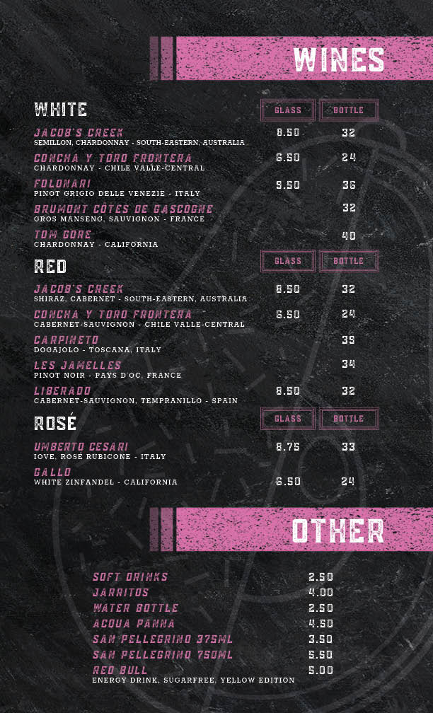 Wines and other drinks menu