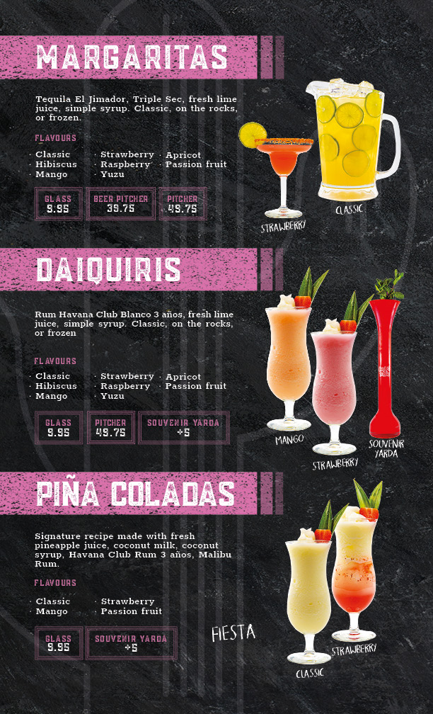 margaritas, daiquiris and Pina Coladas menu