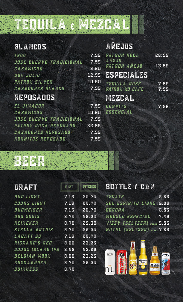 tequila and beers menu
