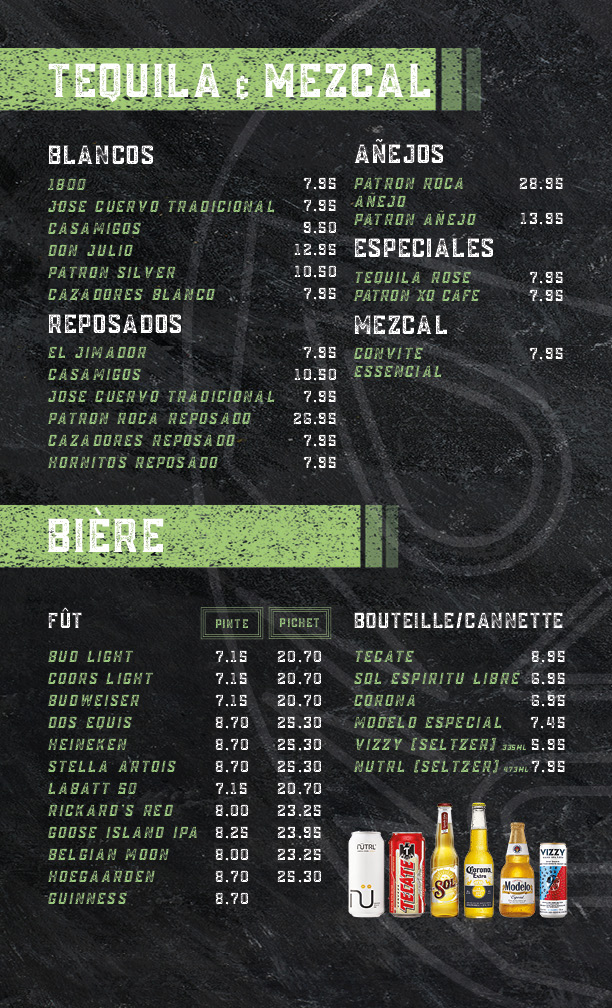 menu tequila et bières
